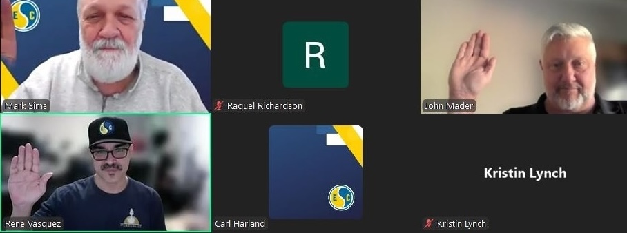 A screenshot shows a Zoom meeting where three people have their hands raised to be sworn in.